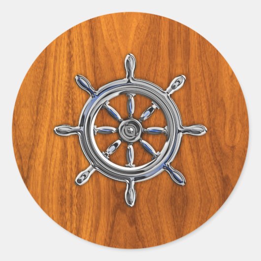 Nautisch wiel op Teak Veneer Ronde Sticker (Voorkant)