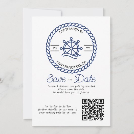 Nautisch Wiel QR Code Bruiloft Opslaan De Datum Ka Save The Date (Voorkant)