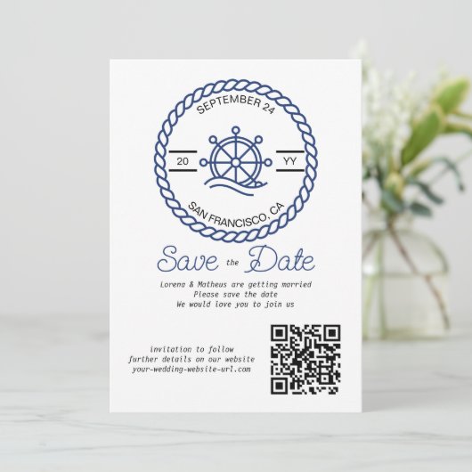 Nautisch Wiel QR Code Bruiloft Opslaan De Datum Ka Save The Date (Staand voorkant)