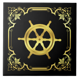 Nautisch wielsilhouet/goud/zwart tegeltje