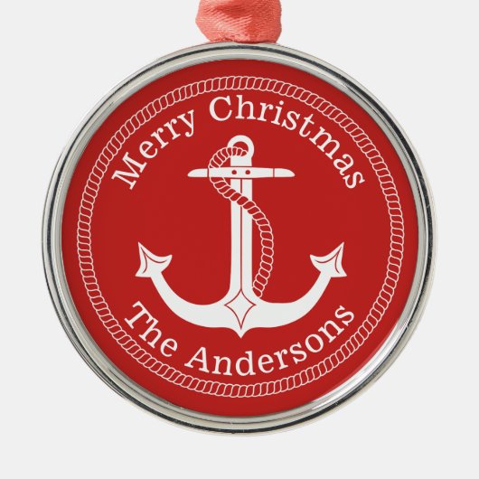 Nautisch wit anker familienaam kerst metalen ornament (Voorkant)