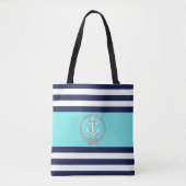 Nautisch wit anker/marine-knoop/aqua/blauwe streep tote bag (Voorkant)