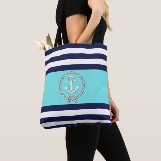 Nautisch wit anker/marine-knoop/aqua/blauwe streep tote bag (Dichtbij)