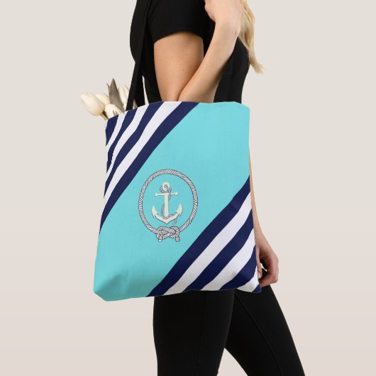 Nautisch wit anker/marine-knoop/aqua/blauwe streep tote bag (Dichtbij)