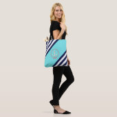 Nautisch wit anker/marine-knoop/aqua/blauwe streep tote bag (Op model)