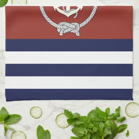 Nautisch wit anker/marine knoop/blauw/witte streep theedoek (Gevouwen)