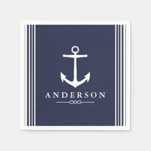 Nautisch wit anker & marineblauw   Gepersonaliseer Servet