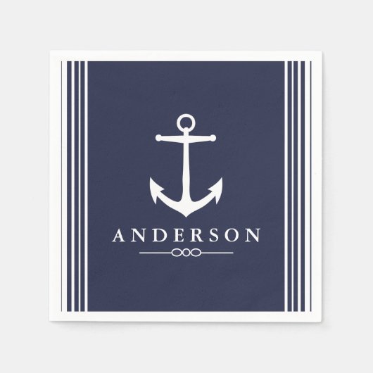 Nautisch wit anker & marineblauw | Gepersonaliseer Servet (Voorkant)