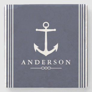 Nautisch wit anker & marineblauw   Gepersonaliseer Stenen Onderzetter