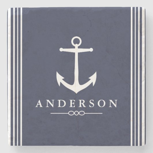 Nautisch wit anker & marineblauw | Gepersonaliseer Stenen Onderzetter (Voorkant)