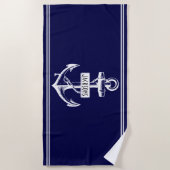 Nautisch wit anker, naam en lijnen marineblauw strandlaken (Voorkant)