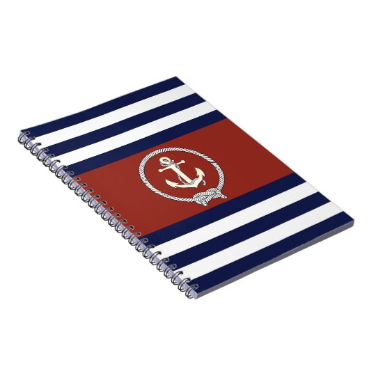 Nautisch wit anker/Navy knot/rode/witte streep Notitieboek (Rechterzijde)