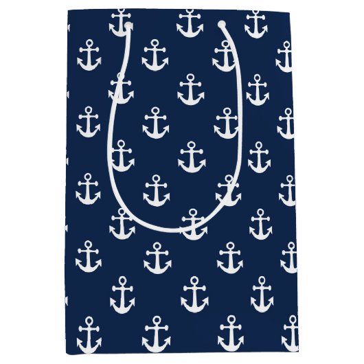 Nautisch wit anker op een blauw marineschandaal medium cadeauzakje (Voorkant)