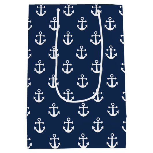 Nautisch wit anker op een blauw marineschandaal medium cadeauzakje (Achterkant)