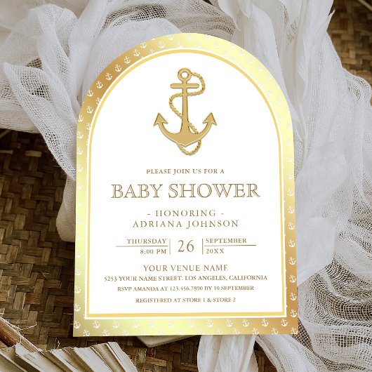 Nautisch wit en gouden ankerboog Baby shower Kaart