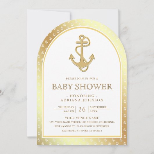 Nautisch wit en gouden ankerboog Baby shower Kaart (Voorkant)