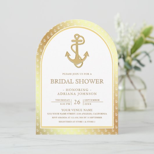 Nautisch wit en gouden ankerboog Vrijgezellenfeest Kaart (Staand voorkant)