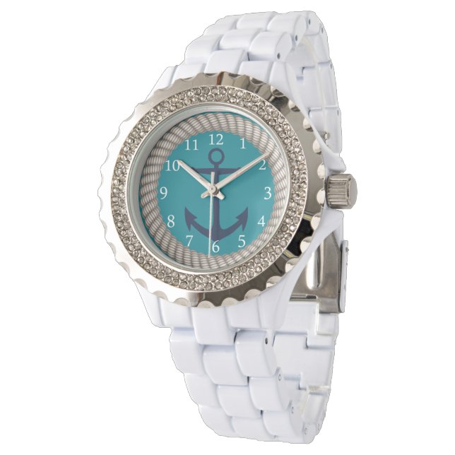 Nautisch Wit Touw en Navy Anker Custom Horloge (Gekanteld)