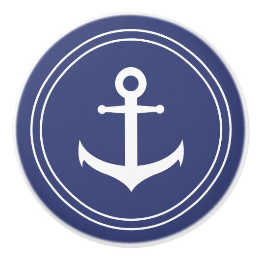 Nautisch | Witte anker in donkerblauwe cirkel Keramische Knop (Voorkant)