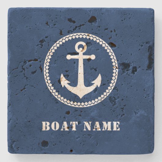 Nautisch Zee anker met uw bootnaam op blauw Stenen Onderzetter (Voorkant)
