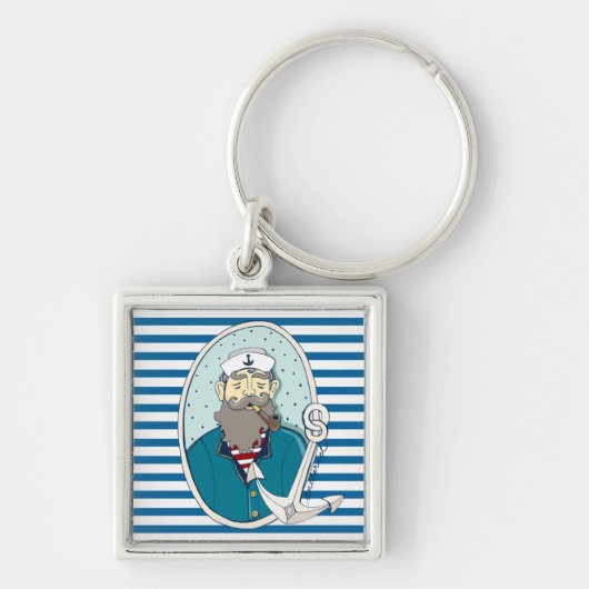 Nautisch Zee Captain Blue and White Stripe Sleutelhanger (Voorkant)