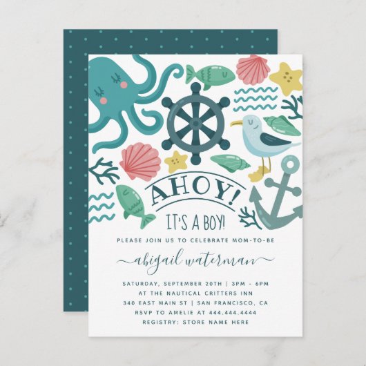 Nautisch Zee Critters Ahoy! Het is een Boy Baby sh Uitnodiging Briefkaart (Voorkant / Achterkant)