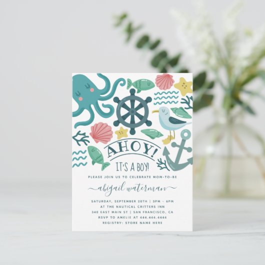 Nautisch Zee Critters Ahoy! Het is een Boy Baby sh Uitnodiging Briefkaart (Staand voorkant)