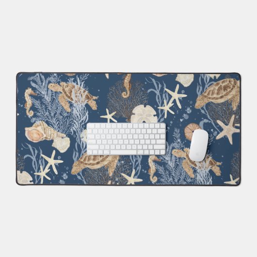 Nautisch Zee Life Ocean Turtle Seahorse Shell Navy Bureaumat (Keyboard & Muis)