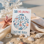 Nautisch Zee Ornament Kustkerstfeest Kaart<br><div class="desc">Op de uitnodiging van de kustvakantiepartij is een patroon te zien van tropische vissen, vuurtoren, walvisstaart, zeeschildpadden, zeeschildpadden, krabben, zanddollar, zeilboot, zeepaardje en kapitein's wiel in de vorm van een kerstversiering met "SEAson's Greetings" in een koel en nautisch lettertype. De achterkant heeft een blauw marinekleur met witte letters en kan...</div>