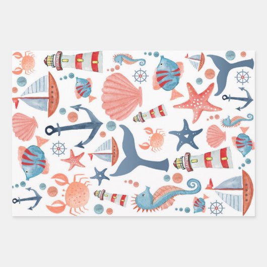 Nautisch Zee Strepen Anker Zeeschelpen Zeesterren Inpakpapier Vel (Voorkant)