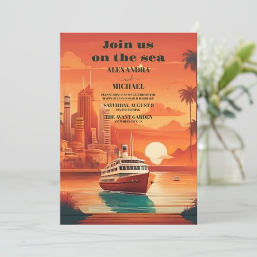 Nautisch Zeegezicht Strand Cruise Palm Bruiloft Kaart (Staand voorkant)