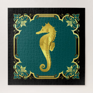 Nautisch zeepaardsilhouet/goud/zwart/aqua legpuzzel
