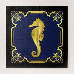 Nautisch zeepaardsilhouet/goud/zwart/marine legpuzzel