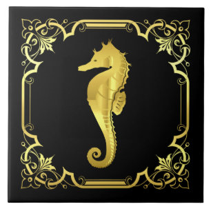 Nautisch zeepaardsilhouet/goud/zwart tegeltje