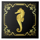 Nautisch zeepaardsilhouet/goud/zwart tegeltje (Voorkant)