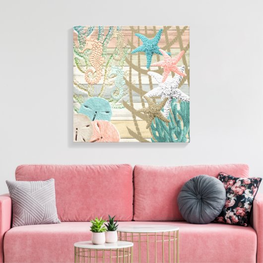 Nautisch zeesoortstrand - Koraal Canvas Afdruk (Insitu (Woonkamer))