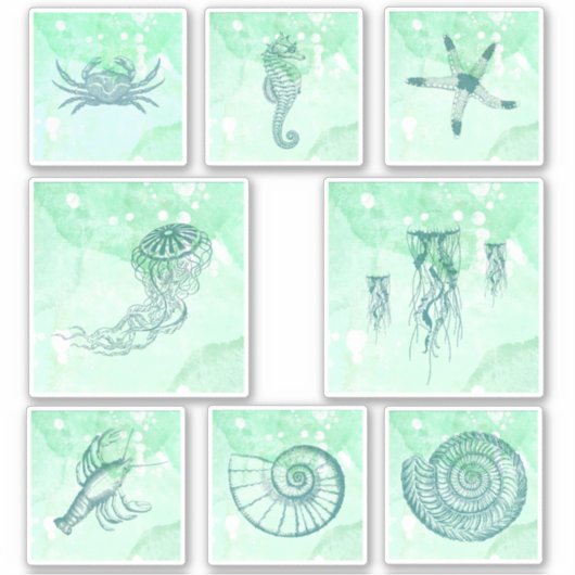 Nautisch Zeewezen Waterverf Sticker Set (Voorkant)