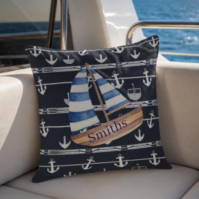 Nautisch zeilboot & anker marineblauw buitenkussen (Creator heeft geüpload)