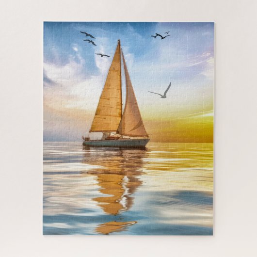 Nautisch zeilboot en meeuwen in schemering legpuzzel (Verticaal)