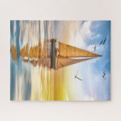Nautisch zeilboot en meeuwen in schemering legpuzzel (Horizontaal)