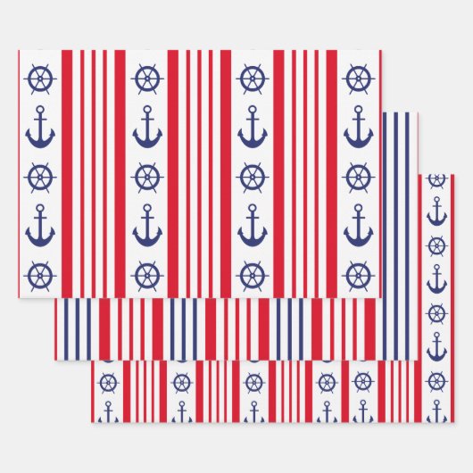 Nautisch Zeilen Rood Wit Blauw Stripes Anker Inpakpapier Vel (Set)