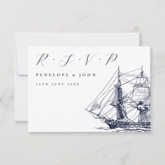 Nautisch Zeilschip Illustratie Script Trouwen RSVP Kaartje (Voorkant)