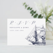 Nautisch Zeilschip Illustratie Script Trouwen RSVP Kaartje (Staand voorkant)