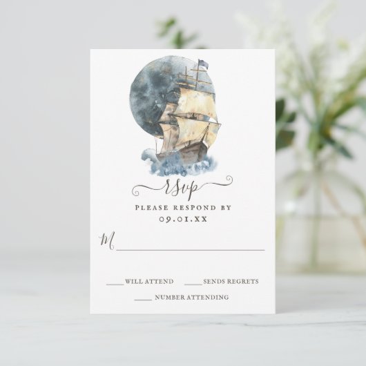 Nautisch Zeilschip Strand Bestemming Bruiloft RSVP Kaartje (Staand voorkant)