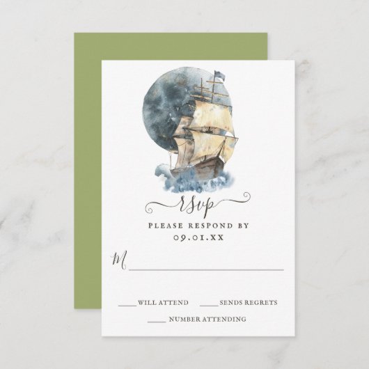 Nautisch Zeilschip Strand Bestemming Bruiloft RSVP Kaartje (Voorkant / Achterkant)
