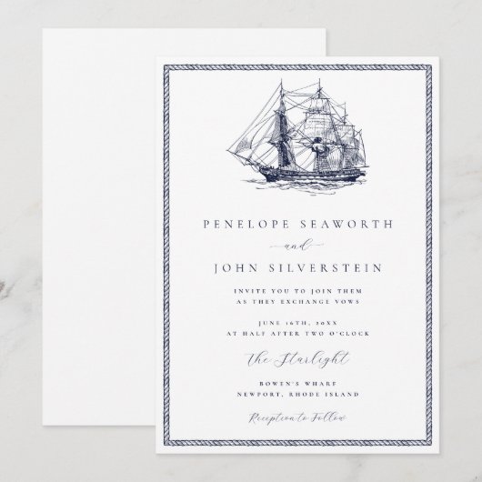 Nautisch Zeilschip Touw Lijst Classic Wedding Kaart (Voorkant / Achterkant)