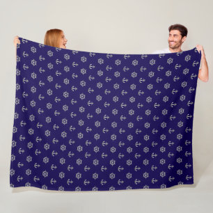 Nautisch zilveren anker en bootwiel, marineblauw fleece deken