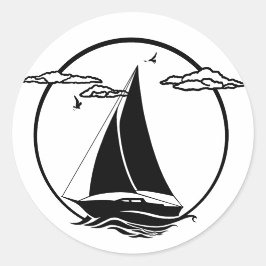 Nautisch zwart/wit silhouet anker/zeilboot ronde sticker (Voorkant)
