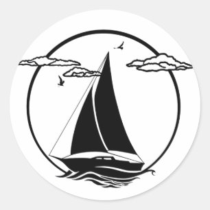 Nautisch zwart/wit silhouet anker/zeilboot ronde sticker