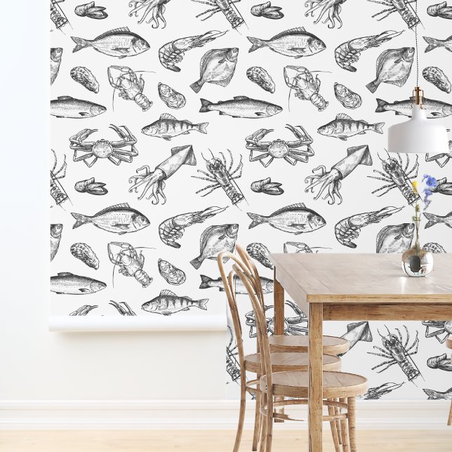 Nautisch Zwart & Wit Vis Patroon Keuken Behang (Nautical Black & White Seafood Pattern Kitchen Wallpaper
)